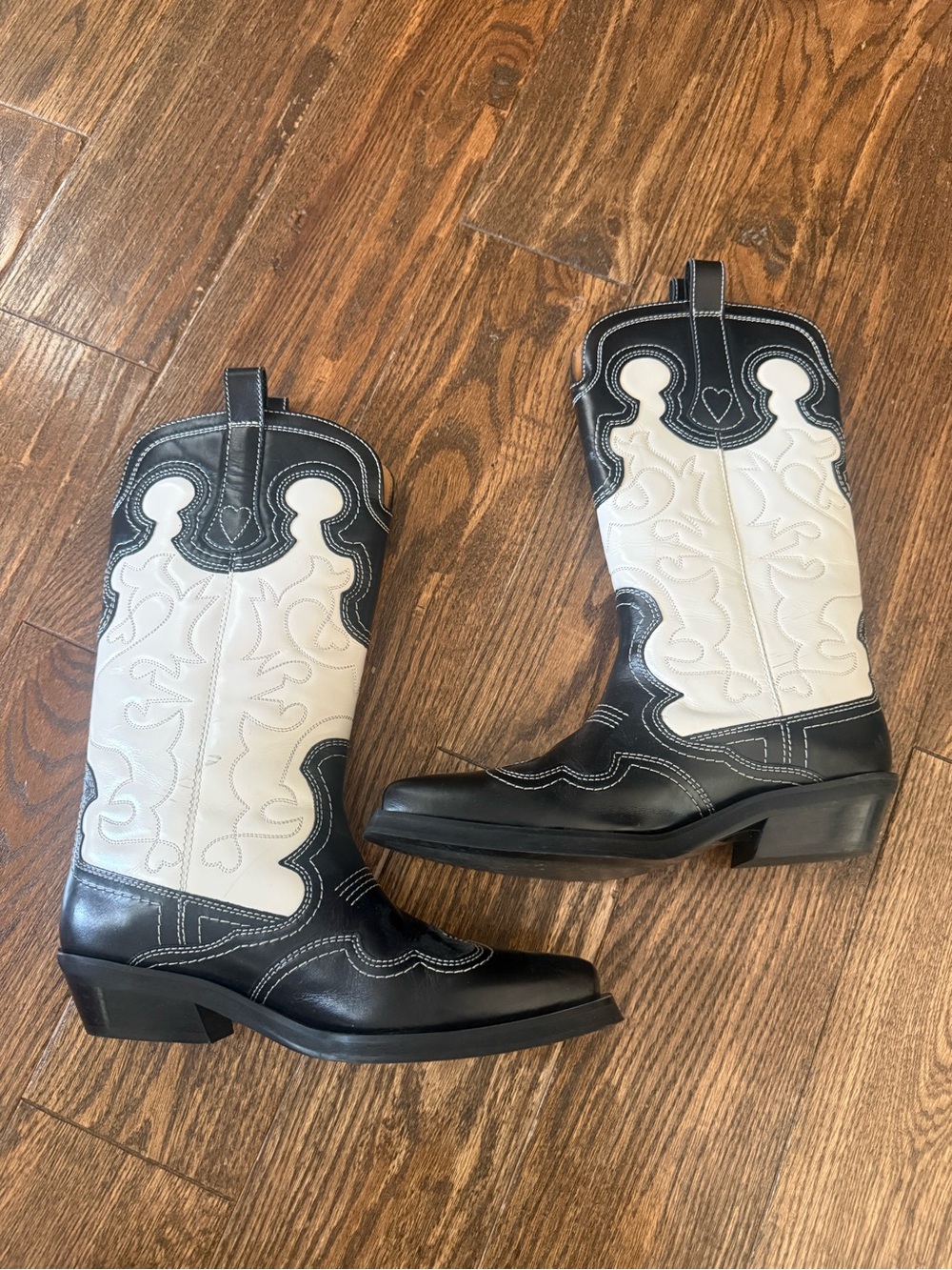Ganni Black and White Western Ankle Boots